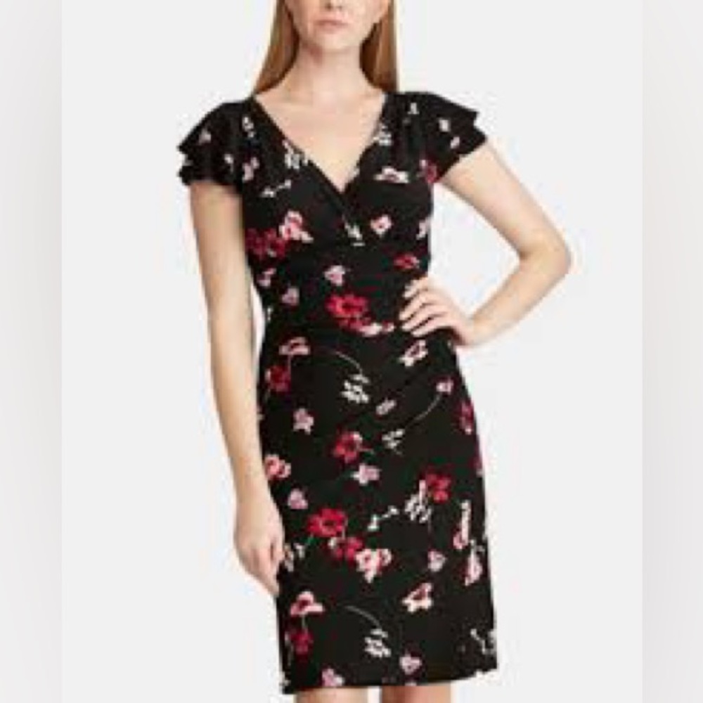 Ralph Lauren Black Floral Ruch Ruffle Surplice Stretch Jersey Dress 10